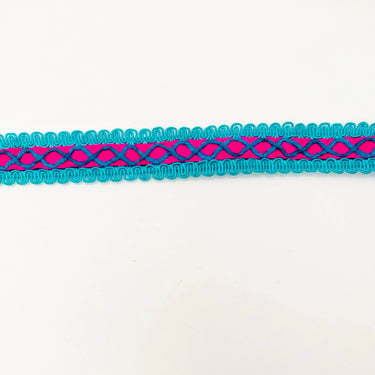 Fuchsia Pink Cotton Fabric Lace Trim with Blue Thread Embroidery, Trim By 3 Yards, Craft Decorative Ribbon